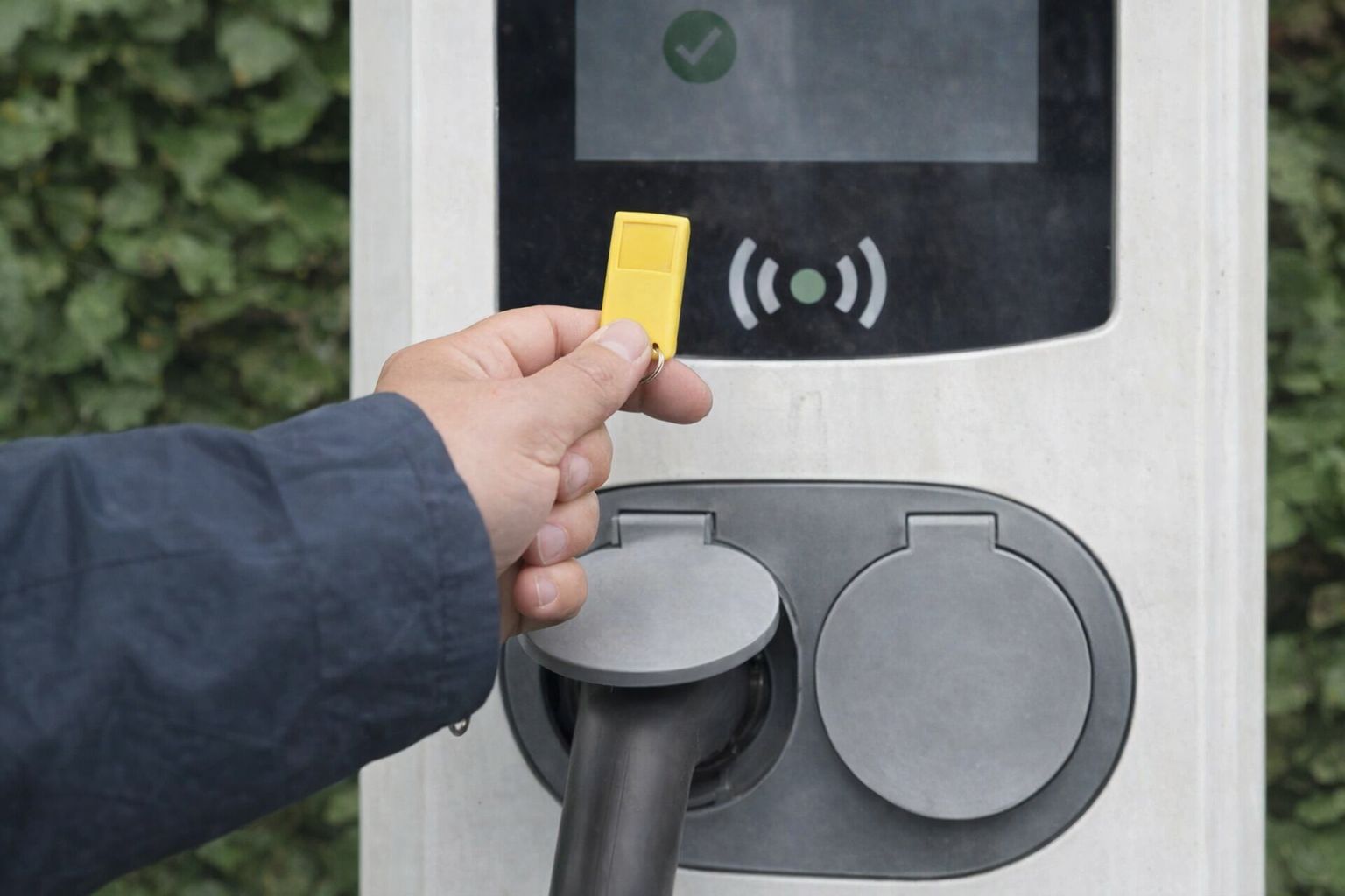 Närbild på en person som startar elbilsladdning med en gul RFID-tagg.